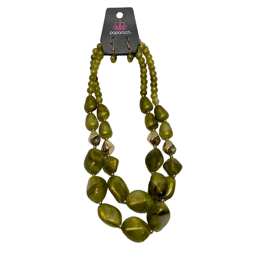 Necklace & Earrings Set Beaded‎ Green Gol  "Seize The Statement" Paparazzi NWT